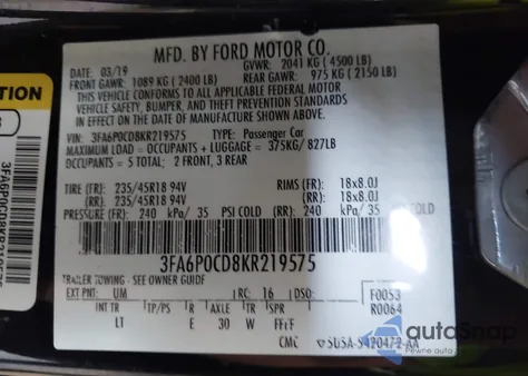 2019 Ford Fusion Sel из США, поврежденный, VIN 3FA6P0CD8KR219575